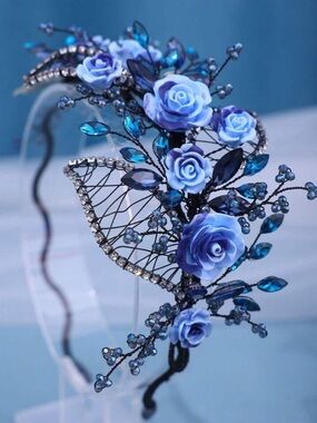 baroque-style bridal headband handcrafted ceramic blue roses, crystals